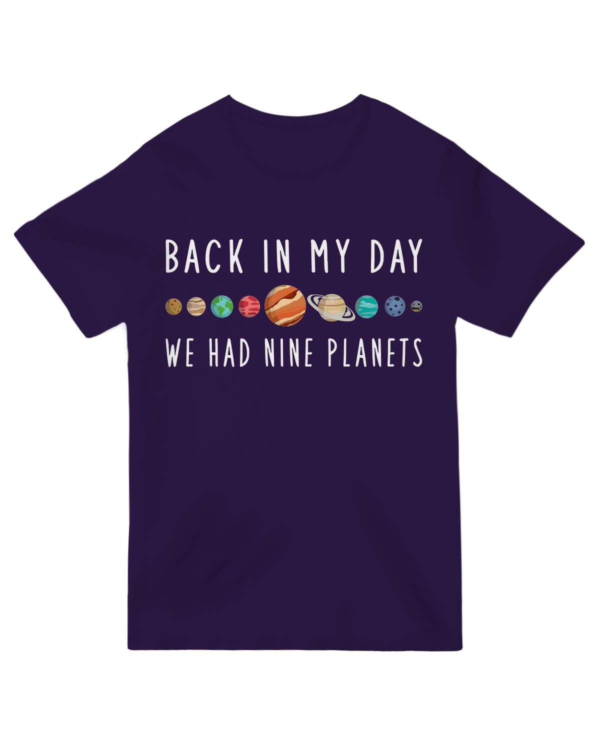 "Navy blue retro solar system t-shirt with 'We Had Nine Planets' text - vintage astronomy tee for Pluto lovers"