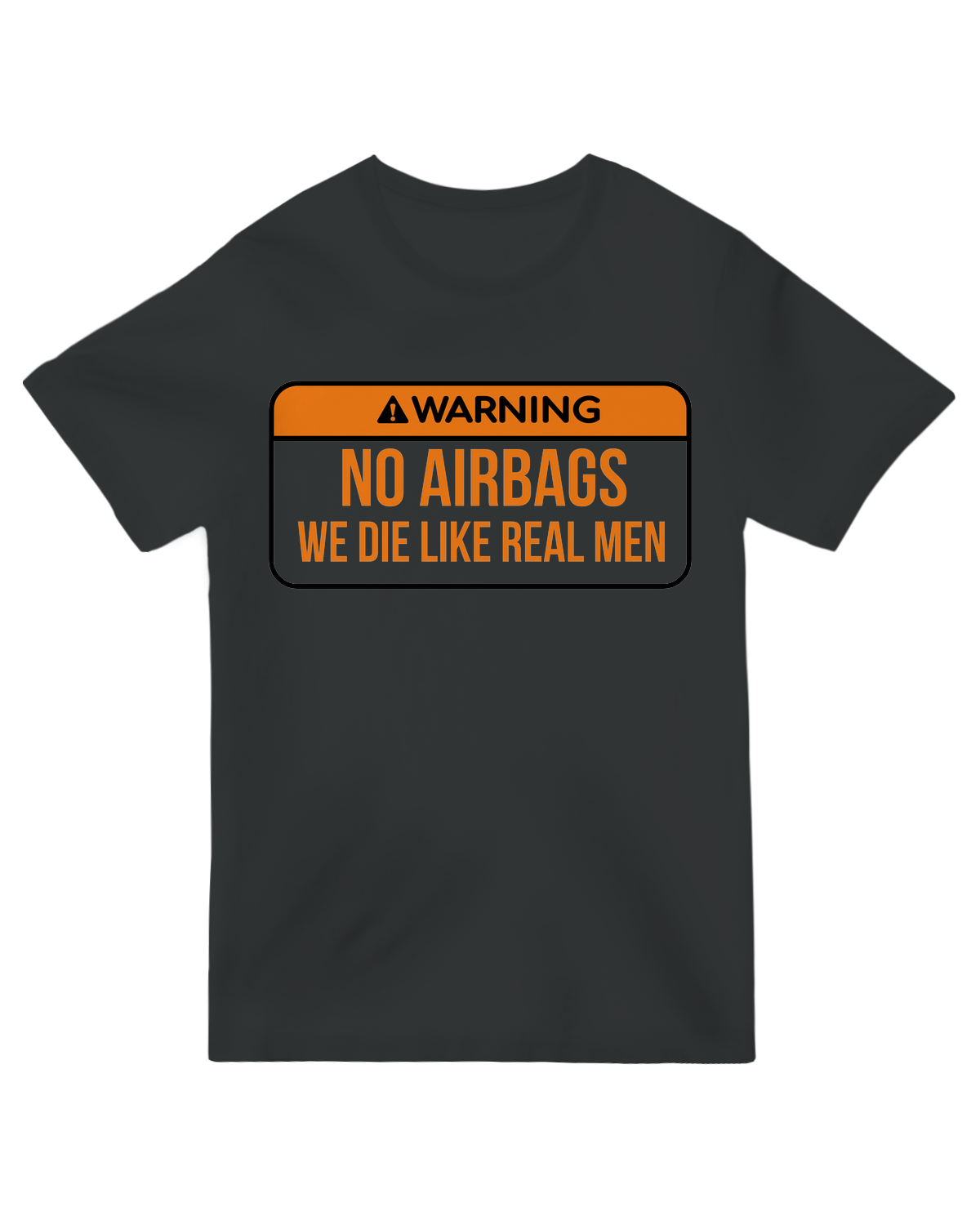 "No Airbags" black cotton t-shirt with racing-inspired graphic – automotive humor apparel for car enthusiasts