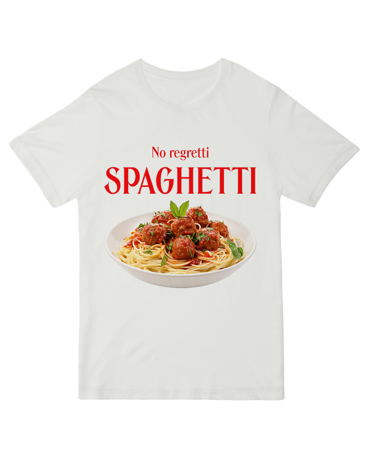 "Funny 'No Regretti Spaghetti' pasta pun t-shirt – soft cotton unisex top for Italian food lovers"
