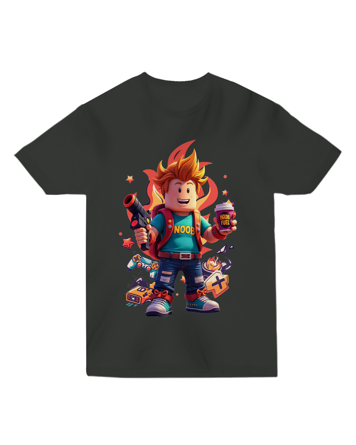 "Green Noob Roblox t-shirt with classic white block font, styled with pixel art accessories and gaming headset"