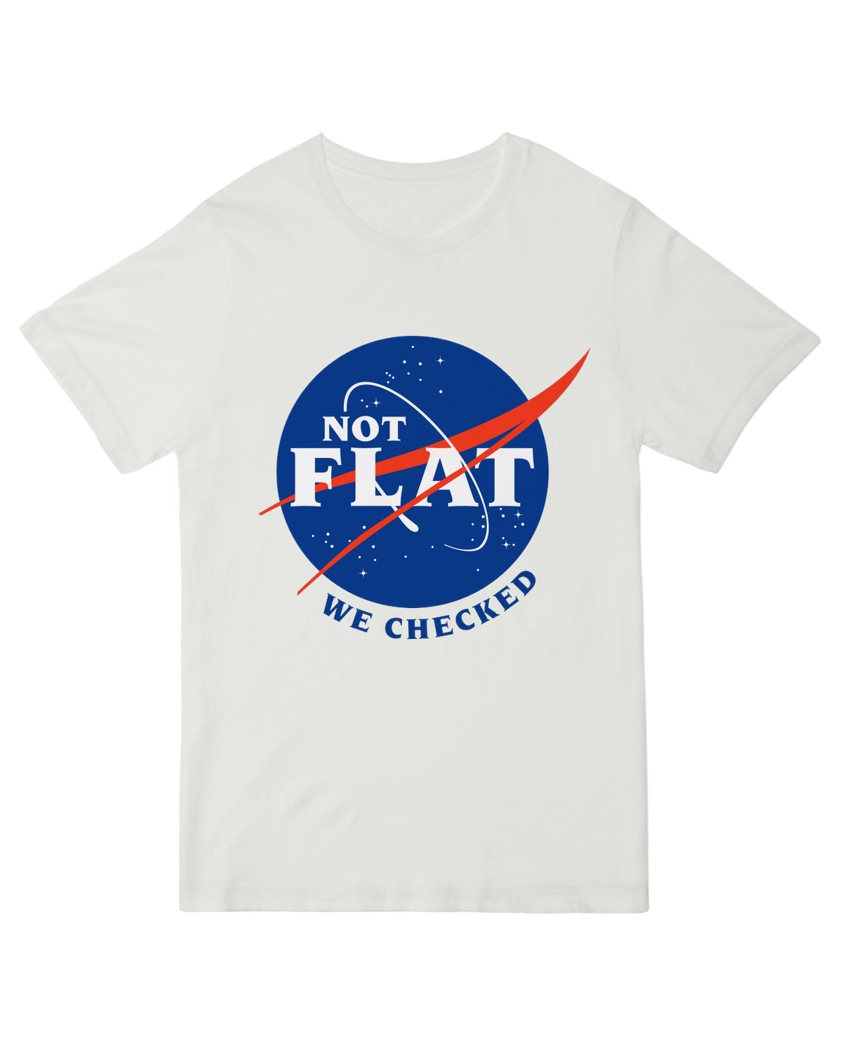 "Navy ‘Not Flat’ science t-shirt with Earth curvature diagram, modeled with globe and physics textbook for educational aesthetic"