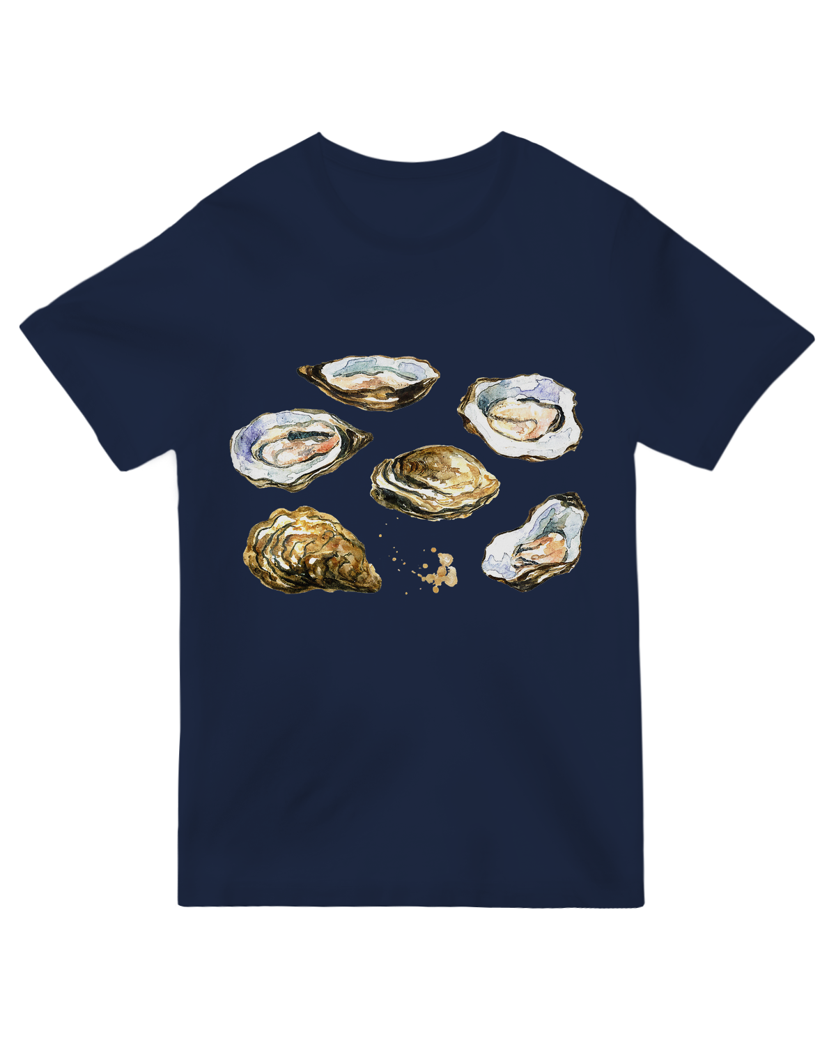 "Person wearing navy 'Oysters' t-shirt at beach holding oyster shell with lemon wedge"