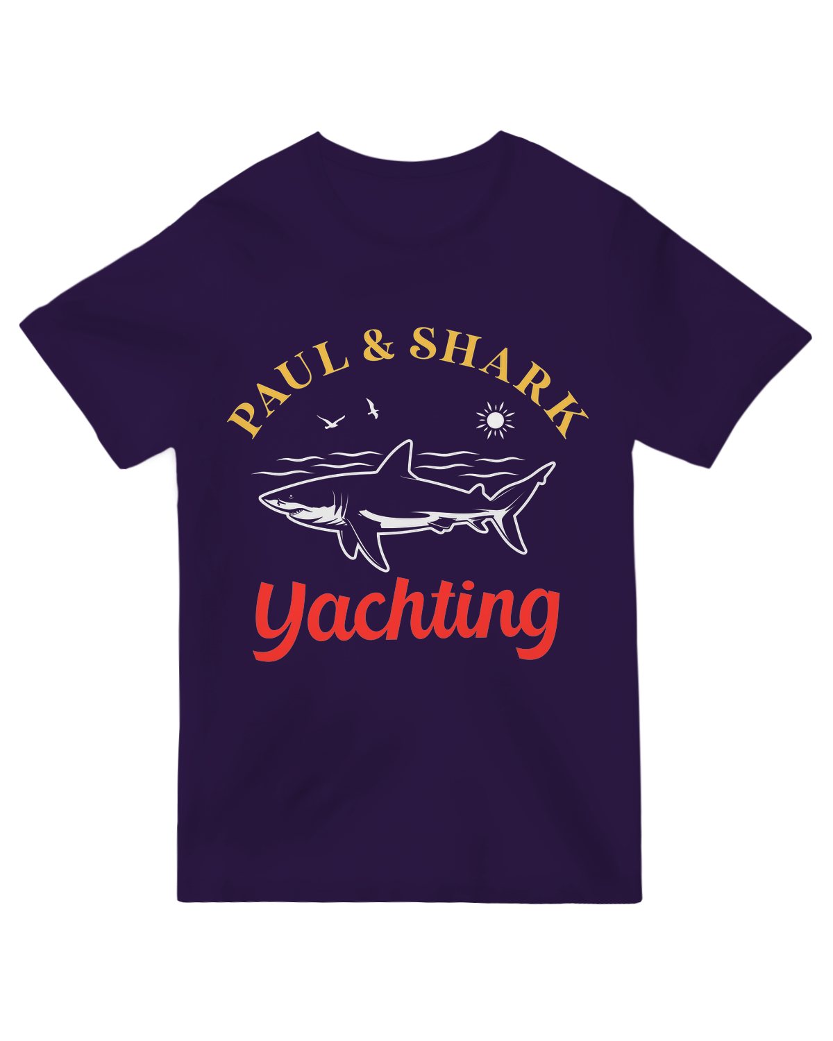 "Navy blue yachting humor t-shirt featuring Paul Yachting and Funny Shark design"