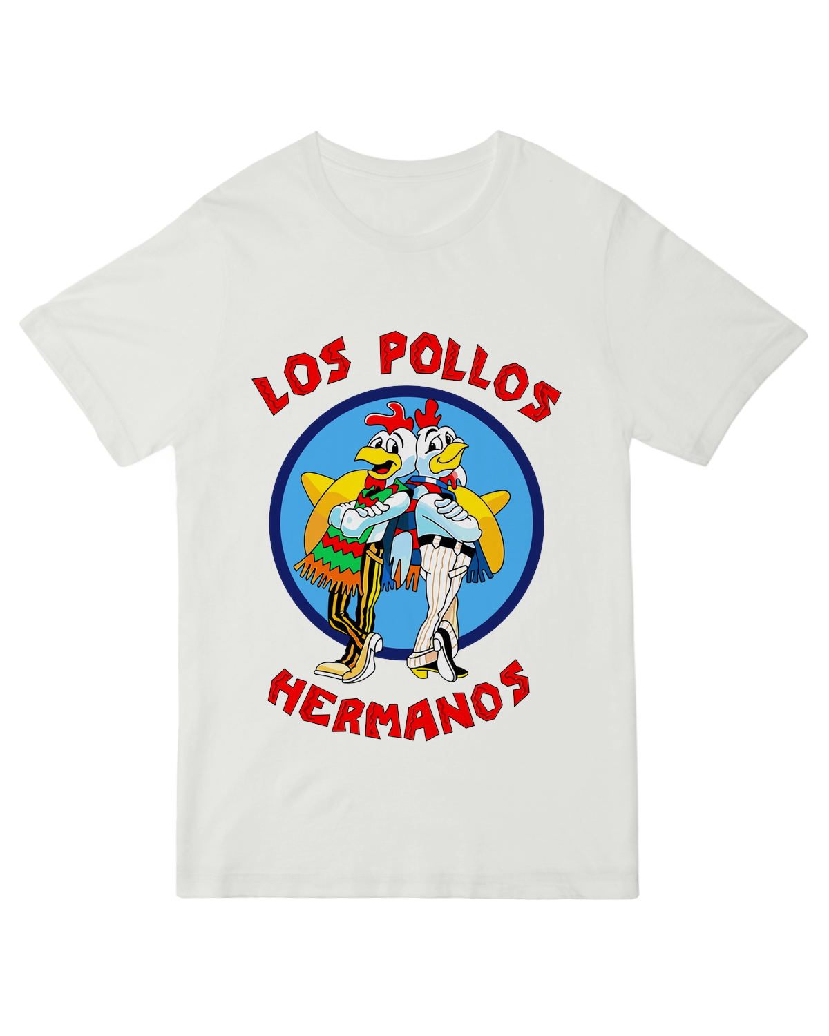 "Yellow ‘Los Pollos Hermanos’ parody t-shirt with minimalist chicken logo, modeled with lab beaker for Breaking Bad aesthetic"