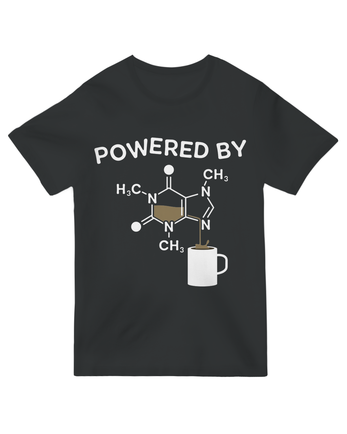 "Black unisex t-shirt with 'Powered By Caffeine' text and coffee molecule circuit design, developer humor apparel"