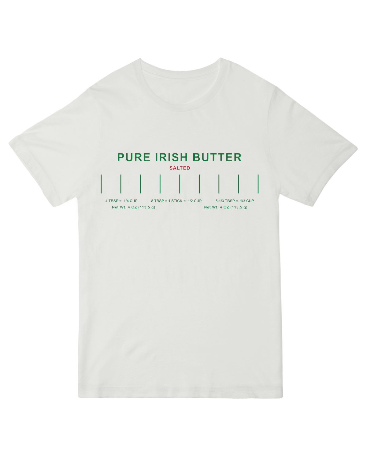 "Person wearing cream-colored ‘Pure Irish Butter’ t-shirt holding butter dish with Irish butter"