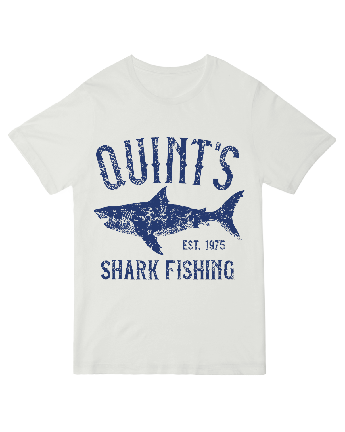 "Vintage distressed 'Quint's Shark Fishing - Amity Island' t-shirt with Jaws movie aesthetic, nautical horror fan apparel"