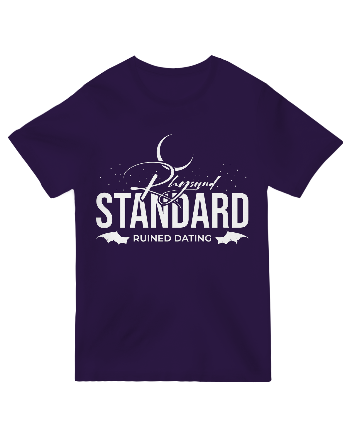 "Smirking ACOTAR fan wearing 'Rhysand Standards Ruined Dating' black t-shirt holding crescent moon necklace"