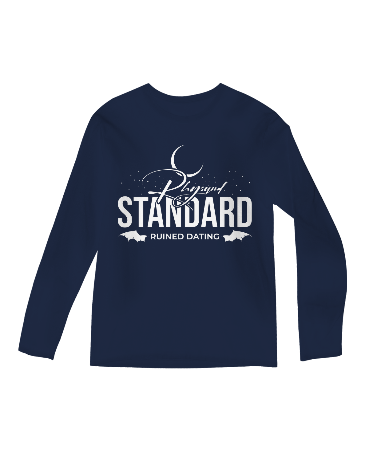"ACOTAR fan smirking in 'Rhysand Standards Ruined Dating' long sleeve tee while holding book"