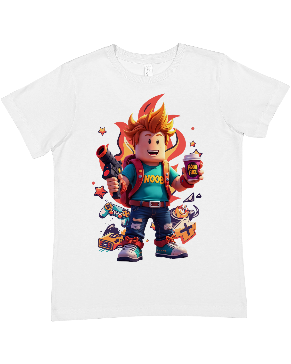 "Green Roblox Noob crewneck sweatshirt with blocky character embroidery, modeled by teen gamer with gaming headset"