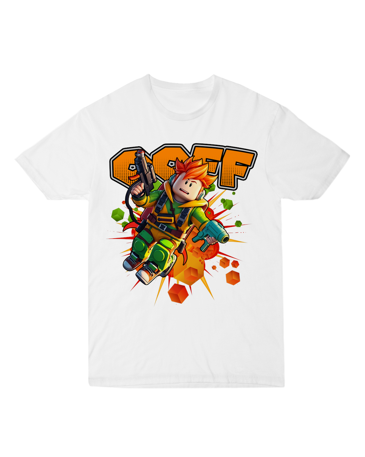 "Black Roblox OOF t-shirt with distressed white text, styled with vintage gaming controller and pixel art background"