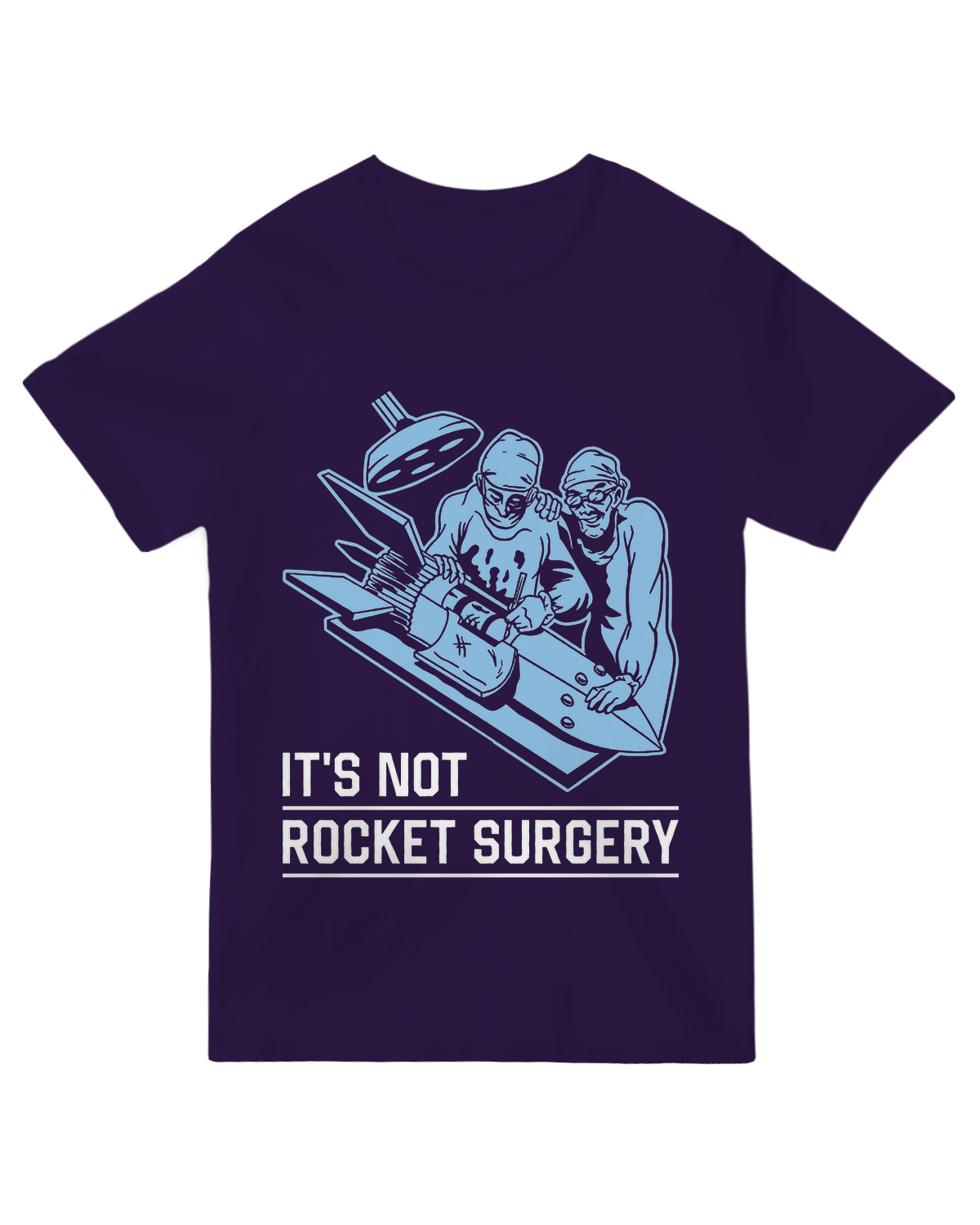 "Gray ‘Rocket Surgery’ t-shirt with cartoon rocket/stethoscope mashup, modeled with clipboard for lab-to-launchpad aesthetic"