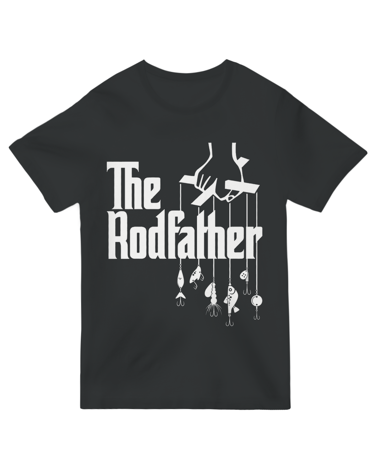 "Navy blue ‘The Rodfather’ fishing humor t-shirt for anglers and pun lovers"