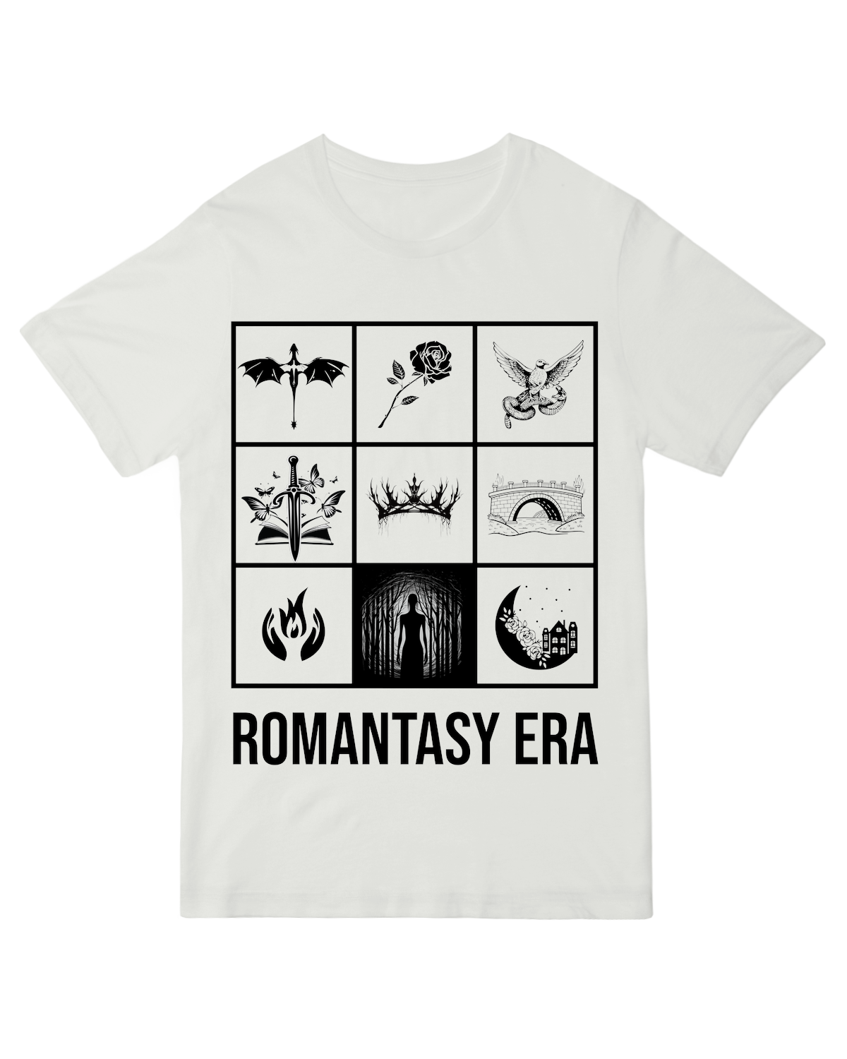"Person wearing 'Romantasy Era' t-shirt holding a fantasy romance book"