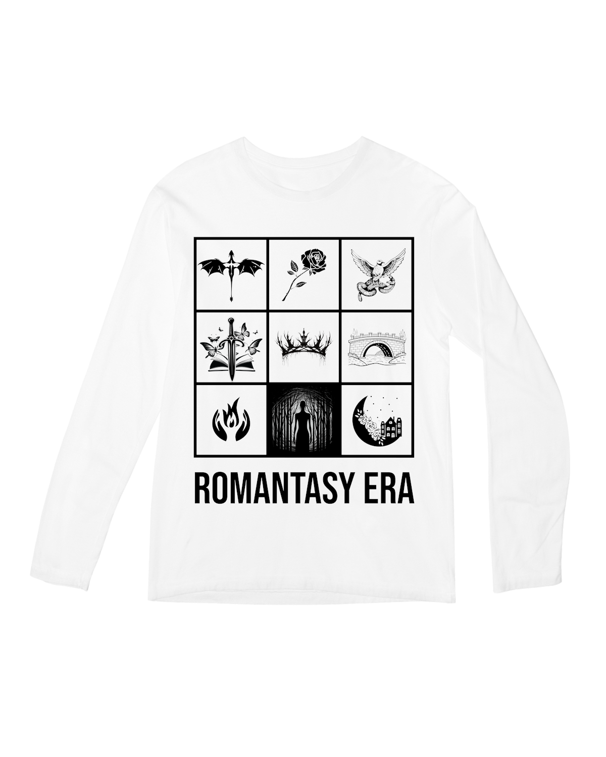 "Person wearing black 'Romantasy Era' long sleeve tee holding a fantasy book"