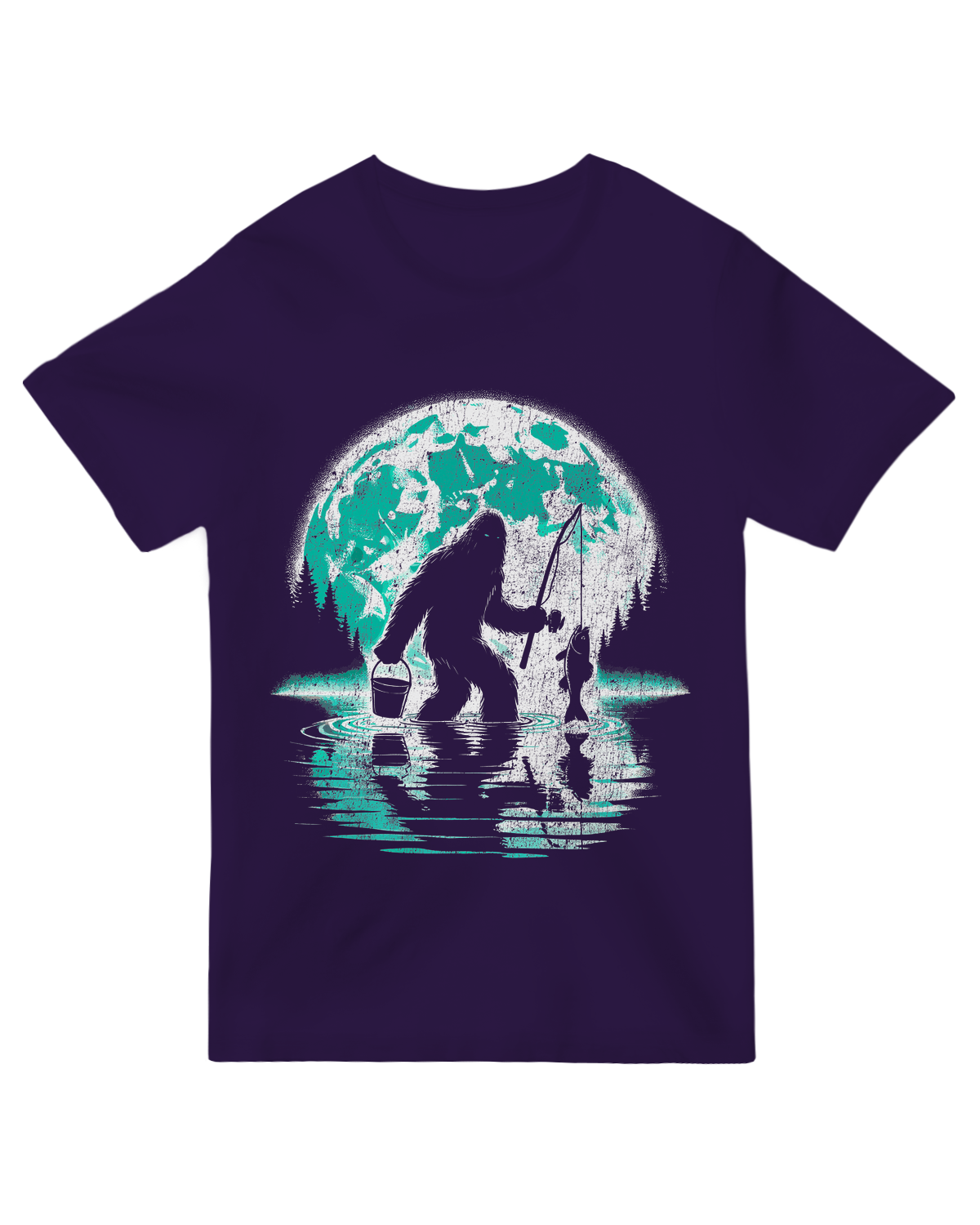 "Forest green ‘Sasquatch Fishing’ t-shirt with Bigfoot angler design for outdoor humor lovers"