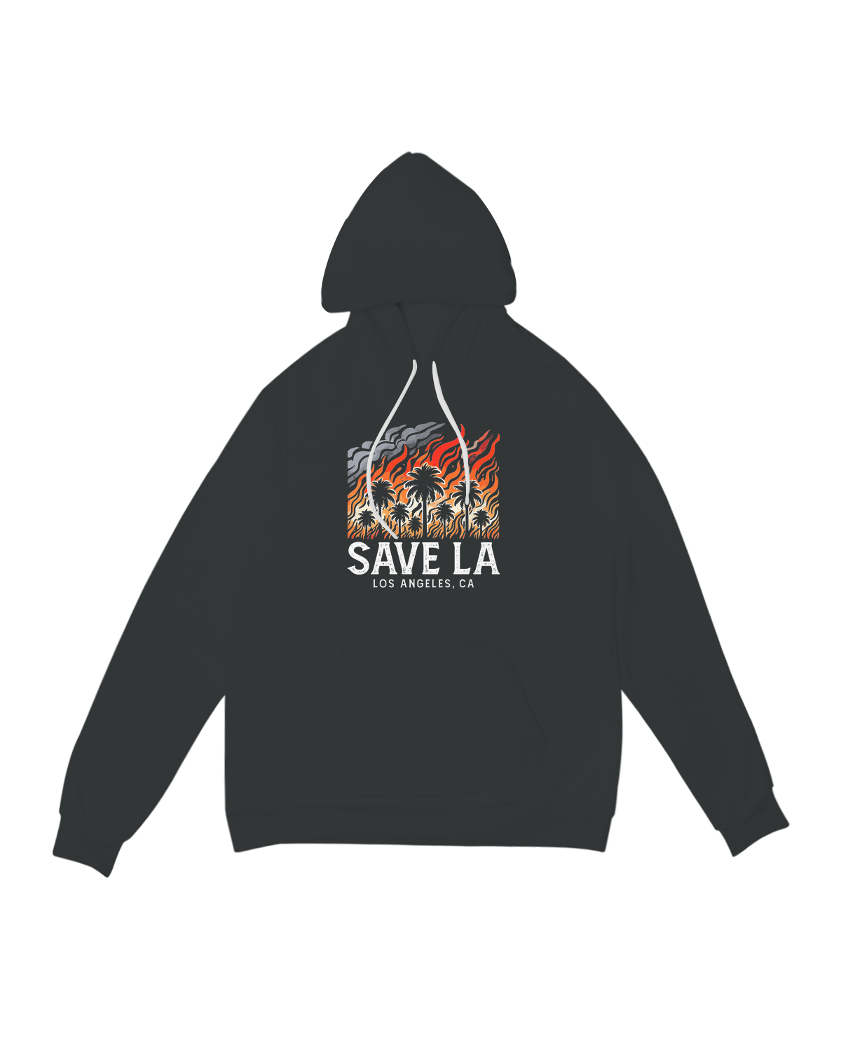 "Save LA Hoodie - Los Angeles streetwear printed t-shirt in black and white design, modeled on urban backdrop."
