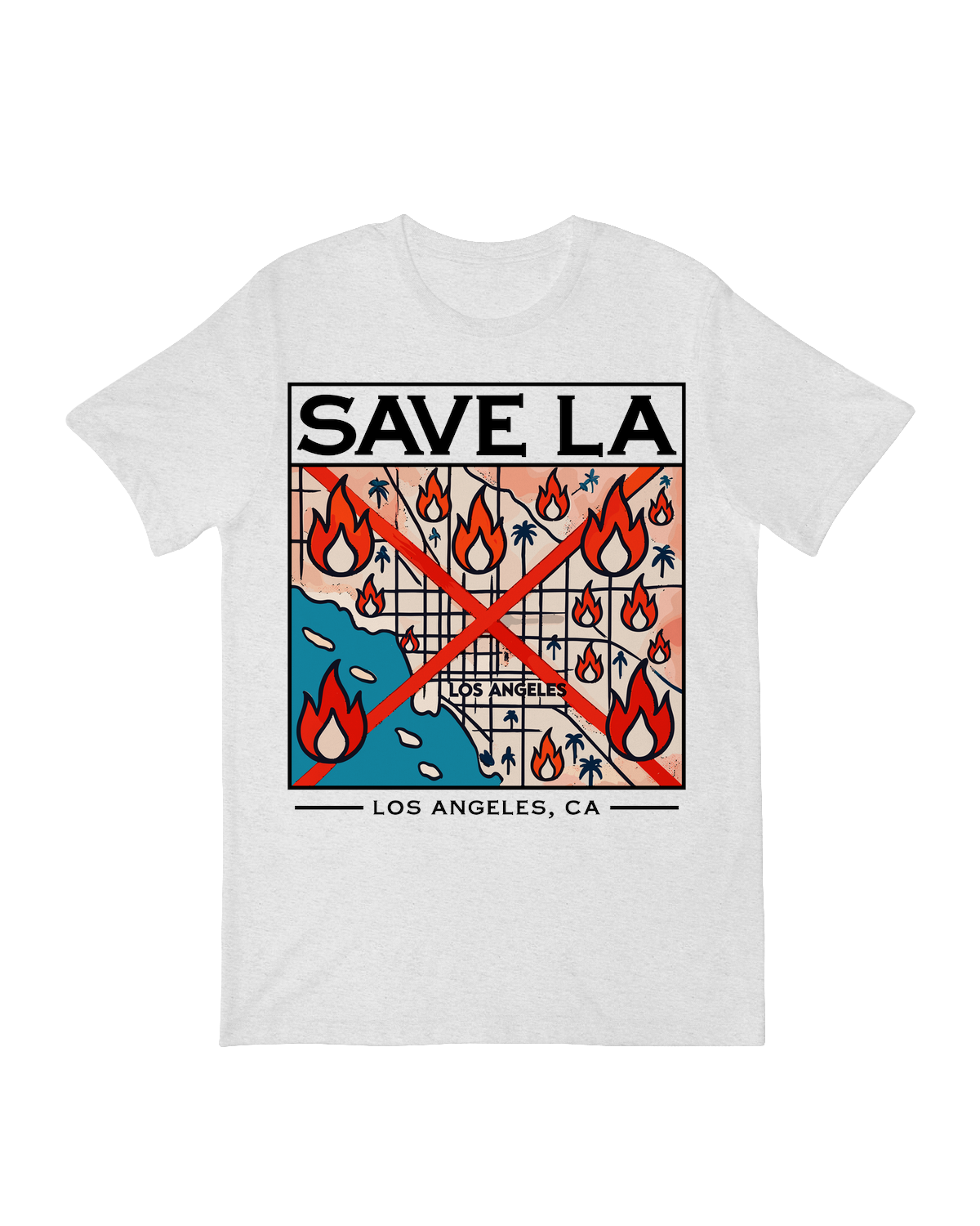 "Unisex Save LA T-Shirt with vintage Los Angeles print in black, modeled on urban backdrop for streetwear style"