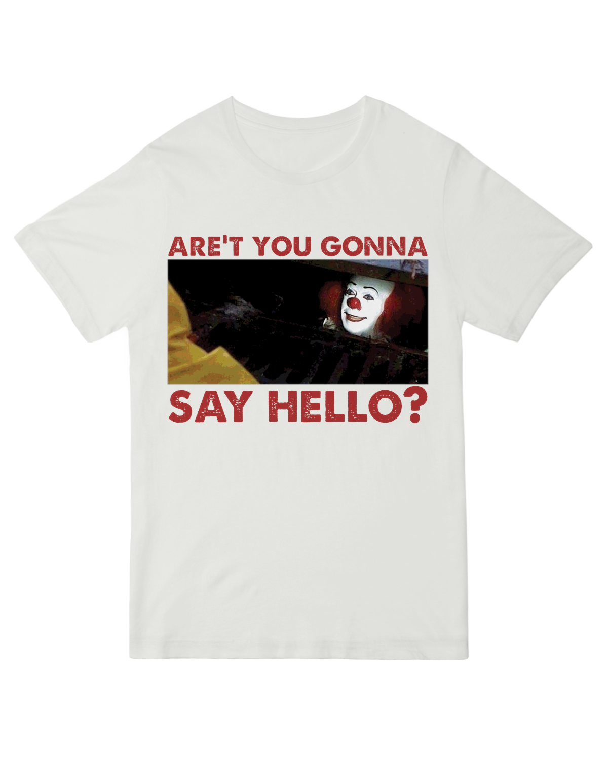 "Say Hello Georgie" red graphic tee with sinister clown design – horror movie fan apparel