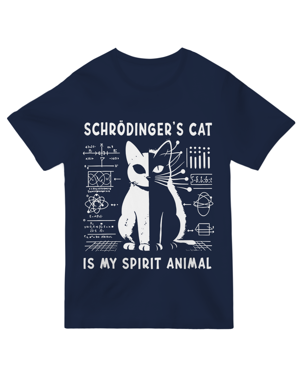 "Navy blue science t-shirt with Schrödinger's Cat quantum physics paradox graphic - funny nerd tee for physicists"
