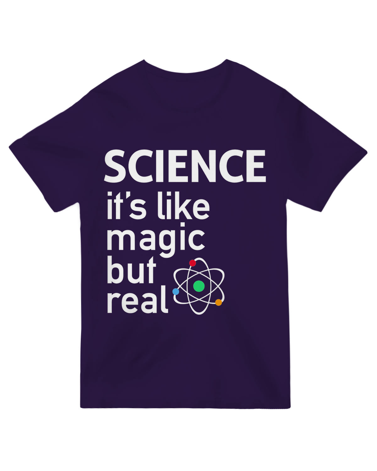 "Black cotton t-shirt with 'SCIENCE: It's Like Magic But Real' text and subtle chemistry flask graphic, funny STEM apparel"