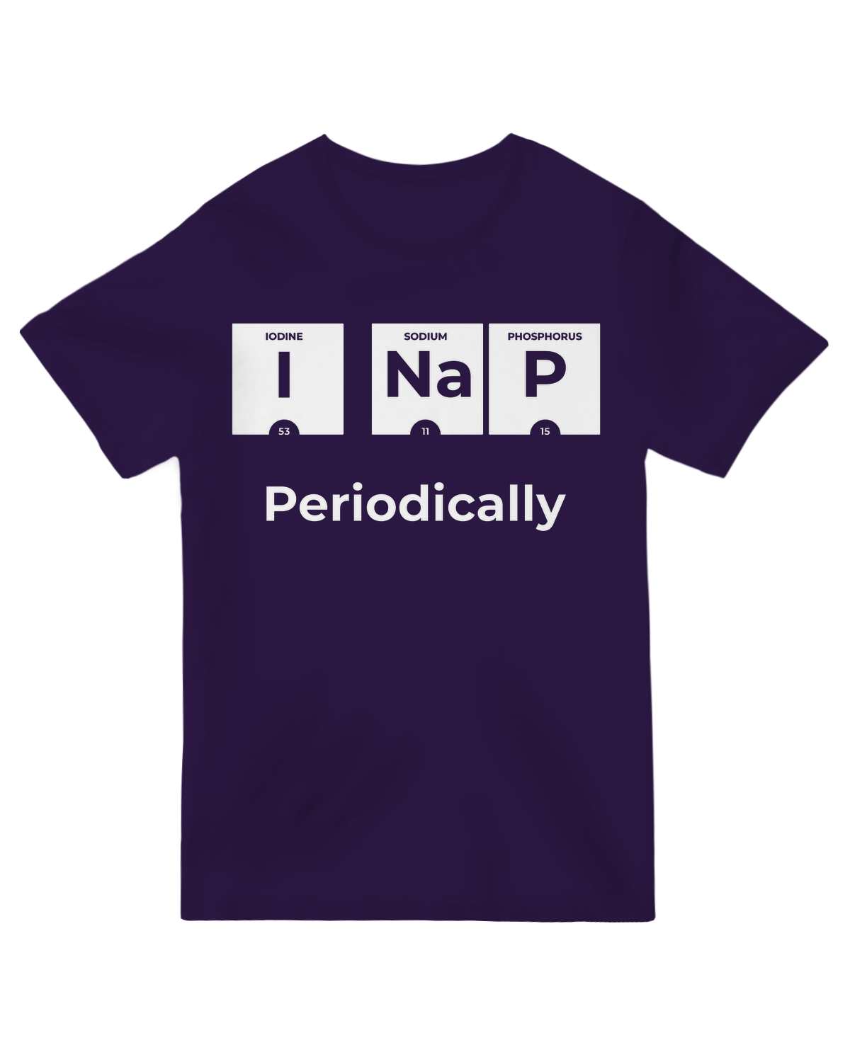 "I NaP Periodically" chemistry humor t-shirt – periodic table pun with sleeping cat design on blue cotton