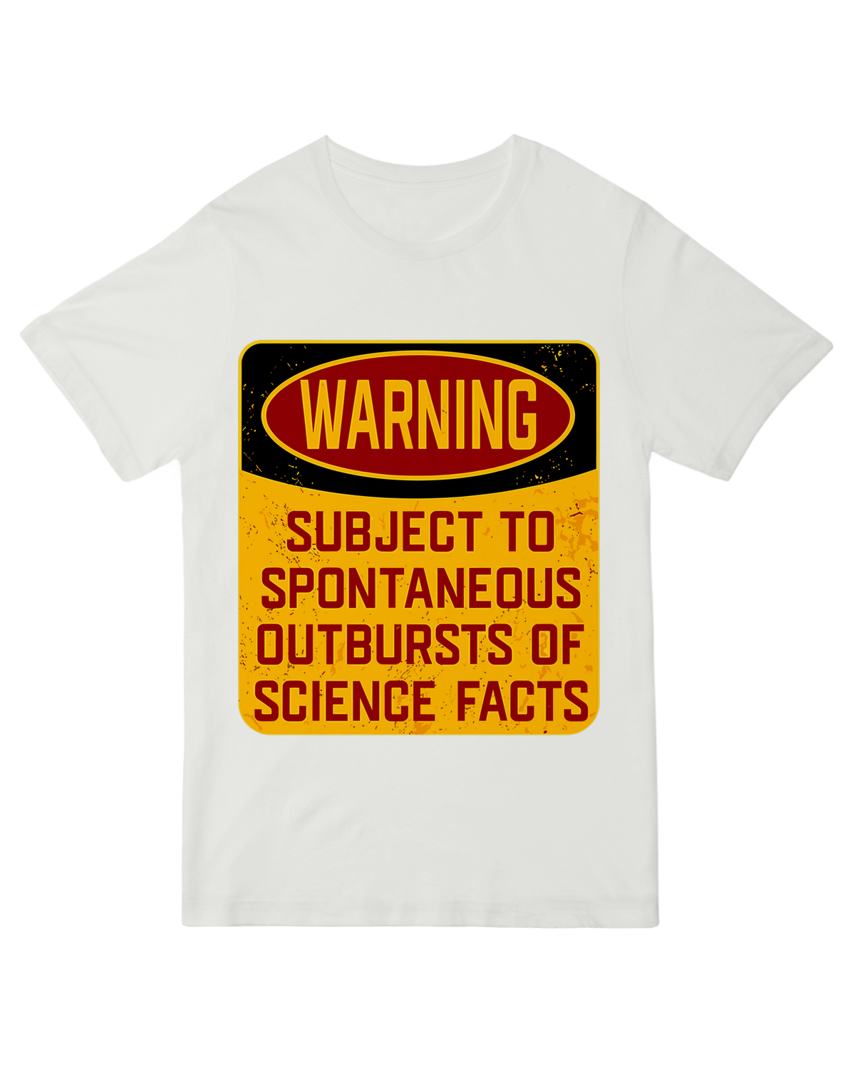 "Science Warning graphic t-shirt with biohazard symbols and funny lab warnings, worn in a classroom setting"