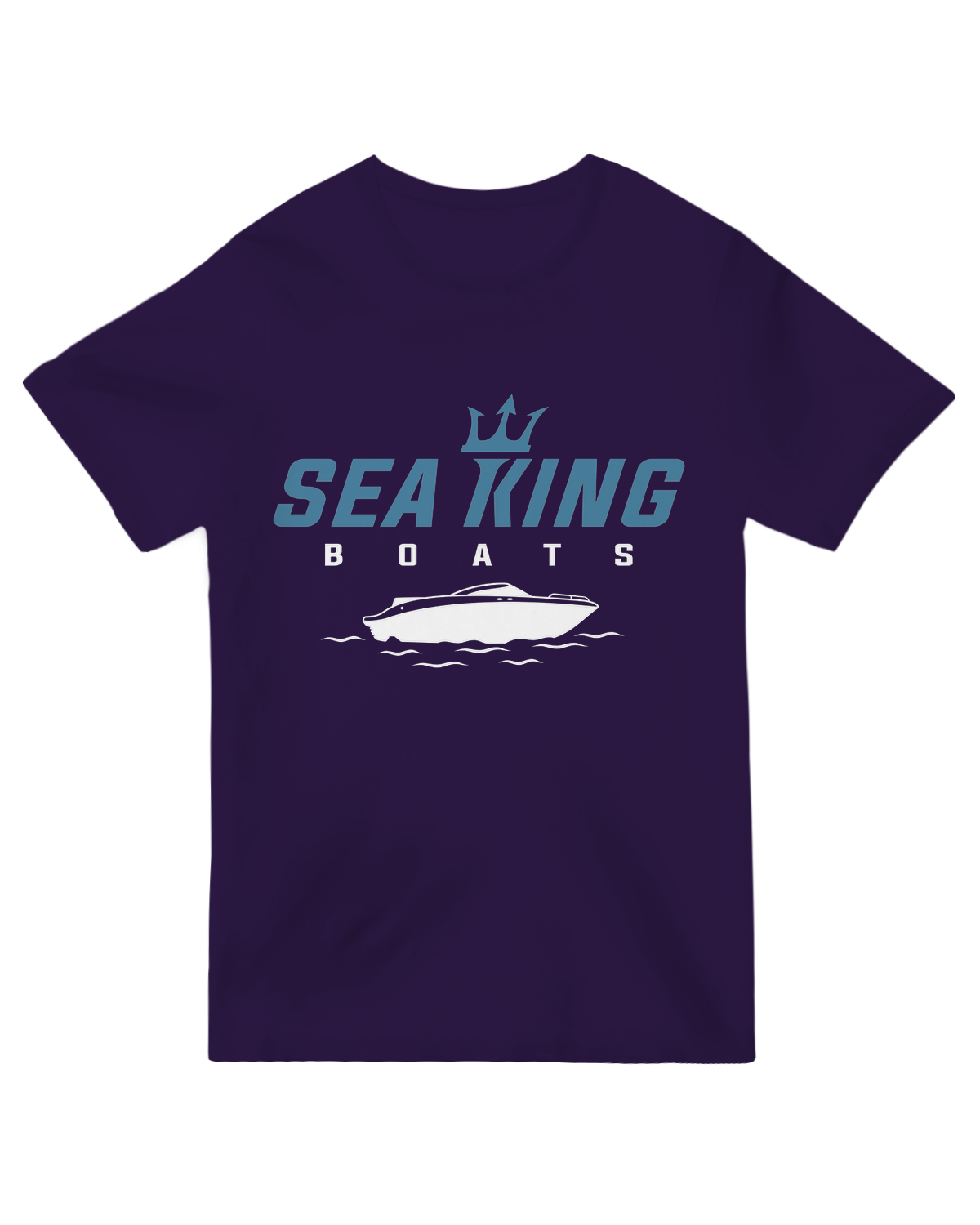 "Navy blue Sea King Boats t-shirt with minimalist nautical design for marine enthusiasts"