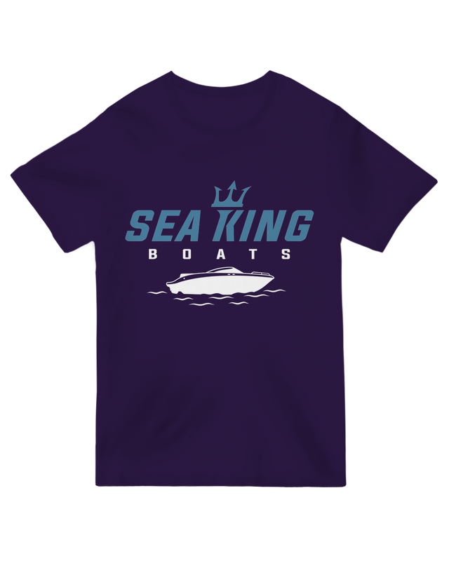 "Navy blue Sea King Boats t-shirt with minimalist nautical design for marine enthusiasts"