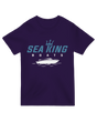 "Navy blue Sea King Boats t-shirt with minimalist nautical design for marine enthusiasts"