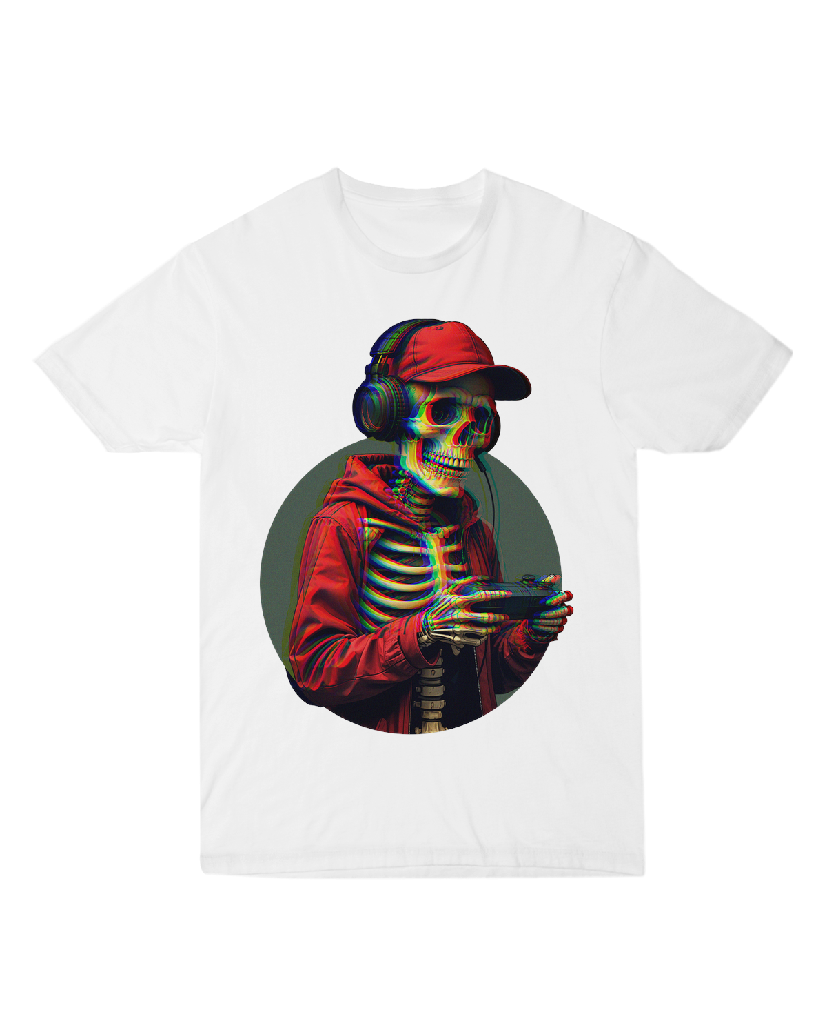 "Black t-shirt with white full-body skeleton graphic, worn at a Halloween party or science lab setting"