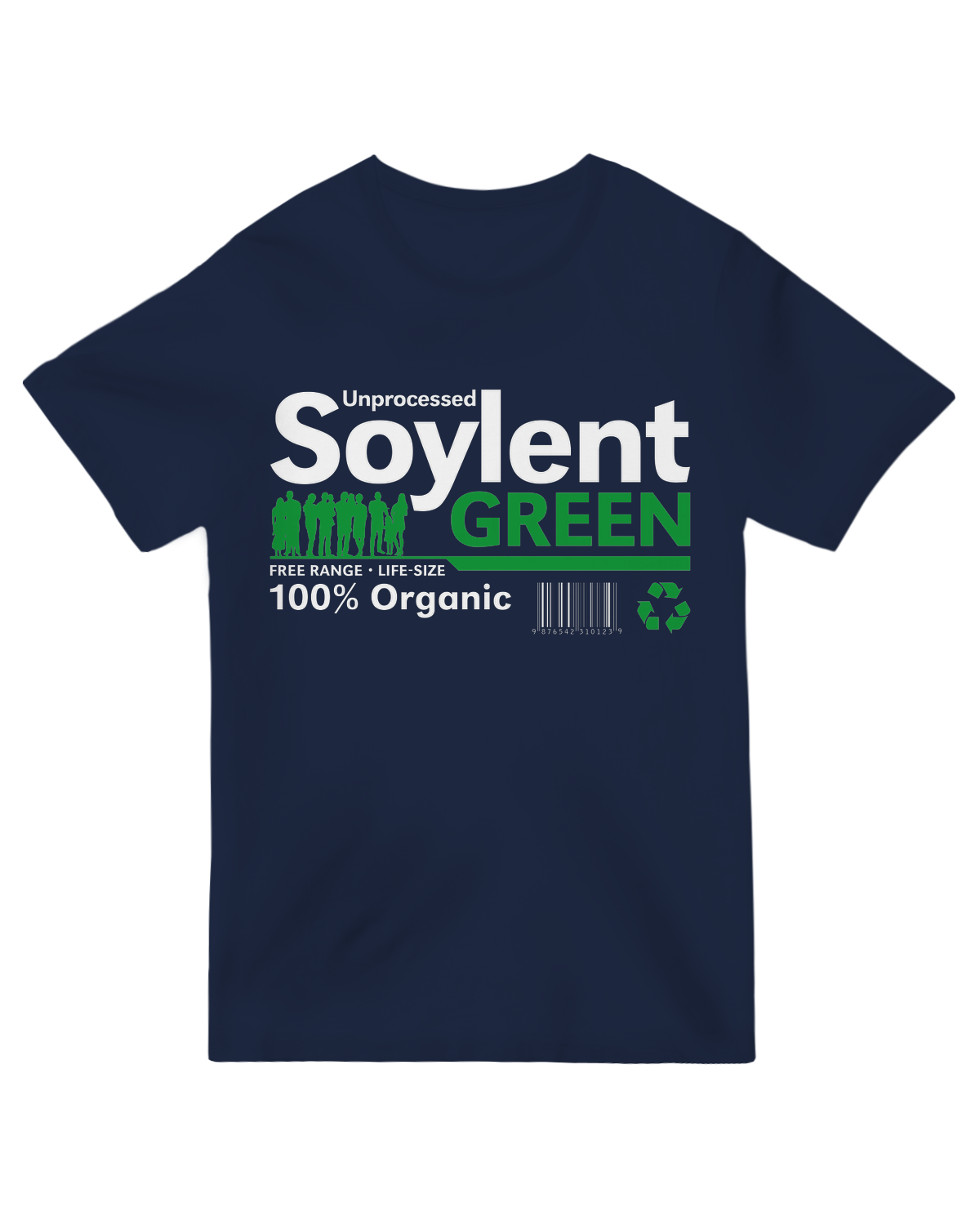 "Vintage Soylent Green movie t-shirt with distressed logo, styled with retro sci-fi props"