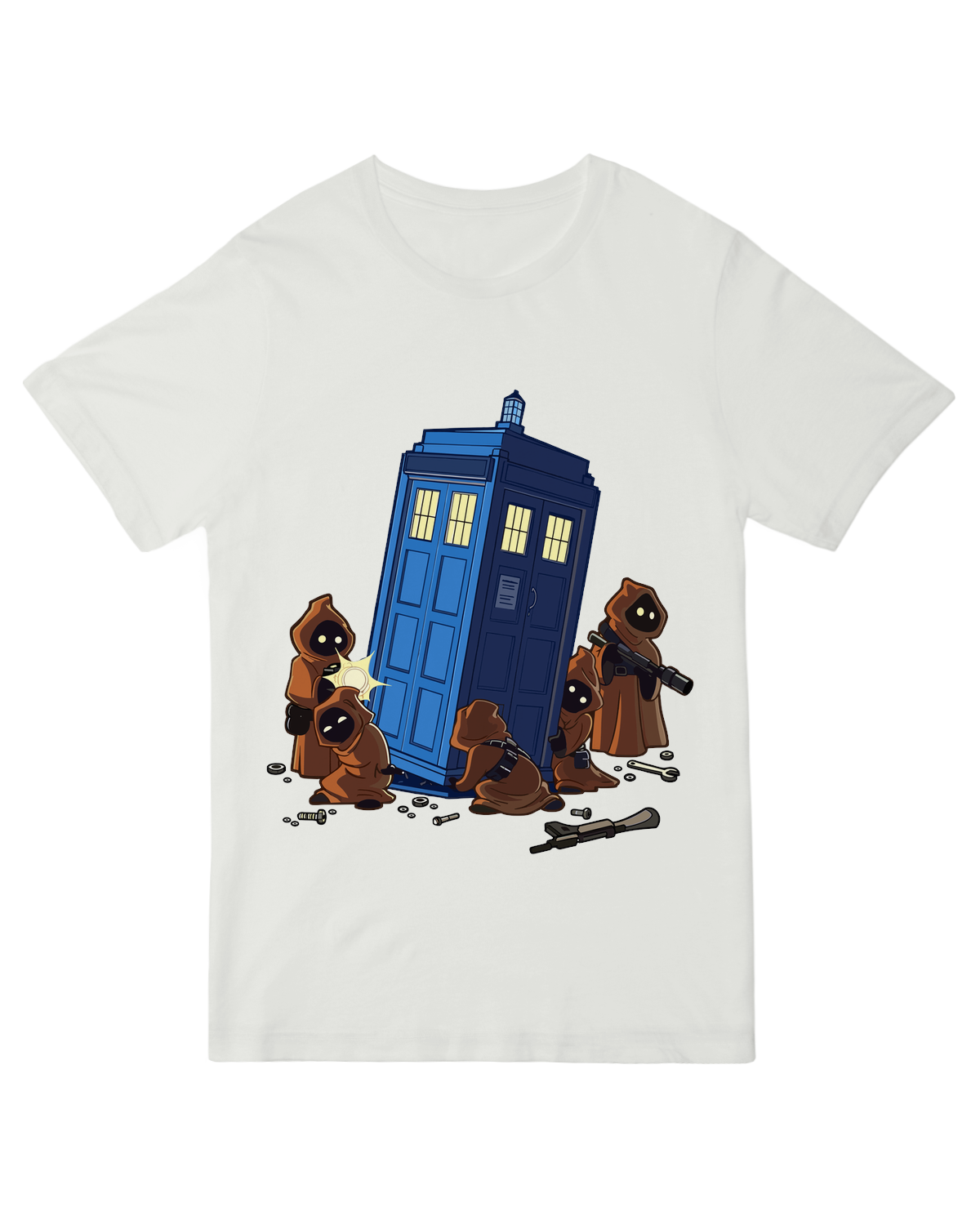 "Navy blue Doctor Who-inspired TARDIS humor t-shirt with quirky fan art - cotton tee for Whovians and sci-fi fans"