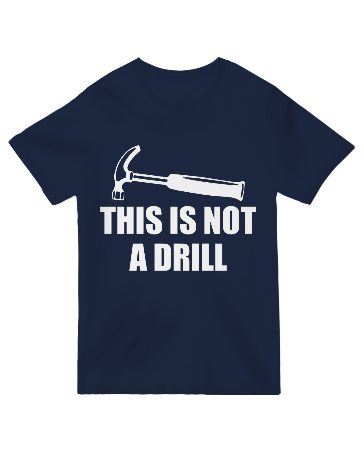 "Red ‘This Is Not A Drill’ t-shirt with cracked warning sign graphic, modeled with vintage megaphone for urgent meme aesthetic"