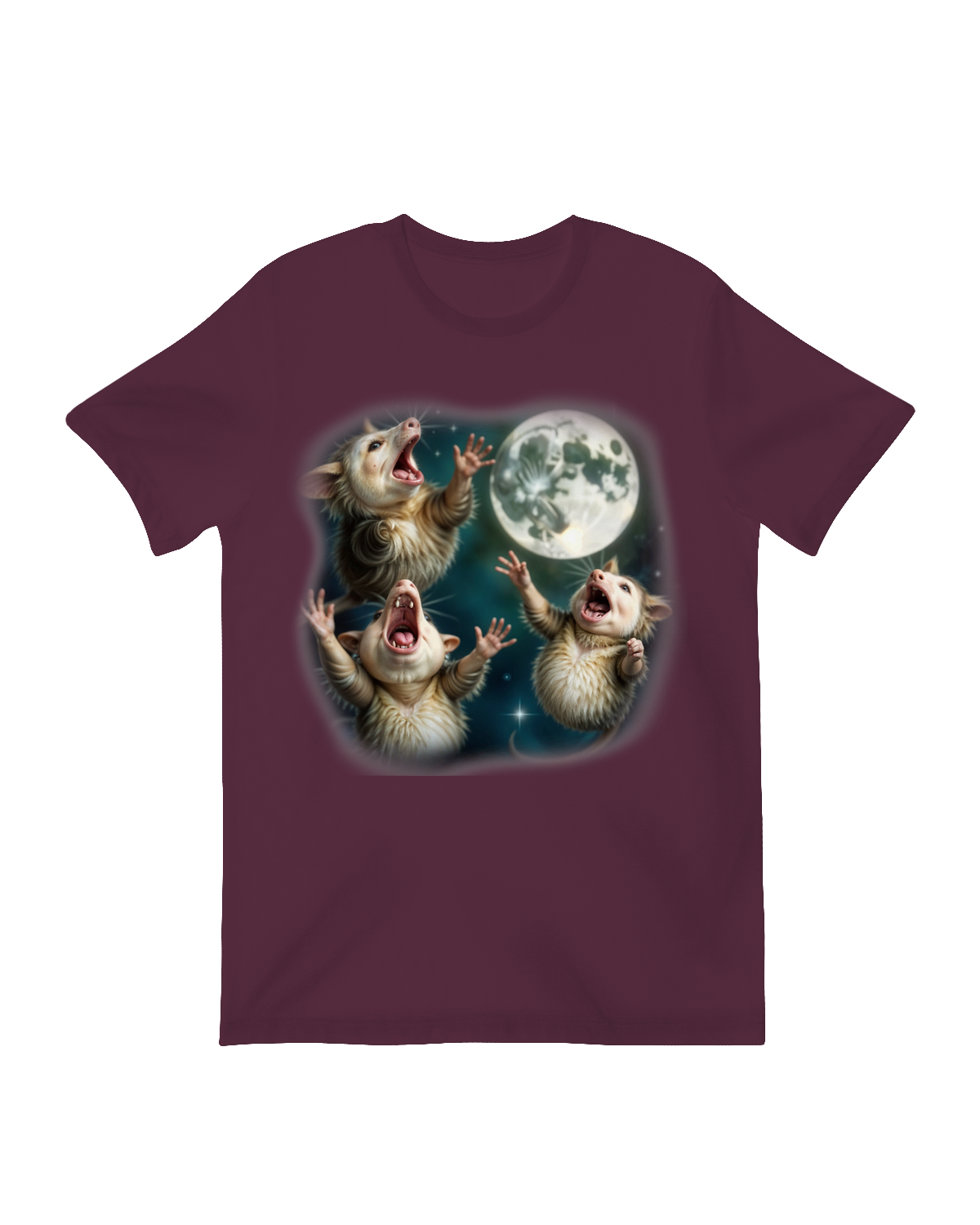 Three opossums on moon graphic t-shirt - whimsical night sky design on soft cotton tee