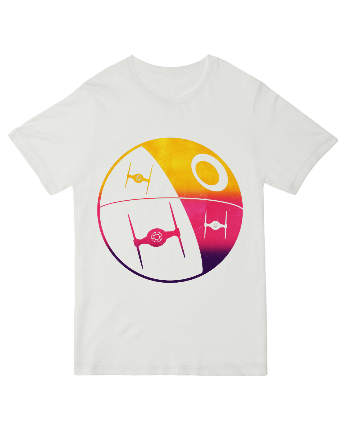 "Orange sunset Tie Fighter silhouette t-shirt - Star Wars-inspired cotton tee for space opera fans"