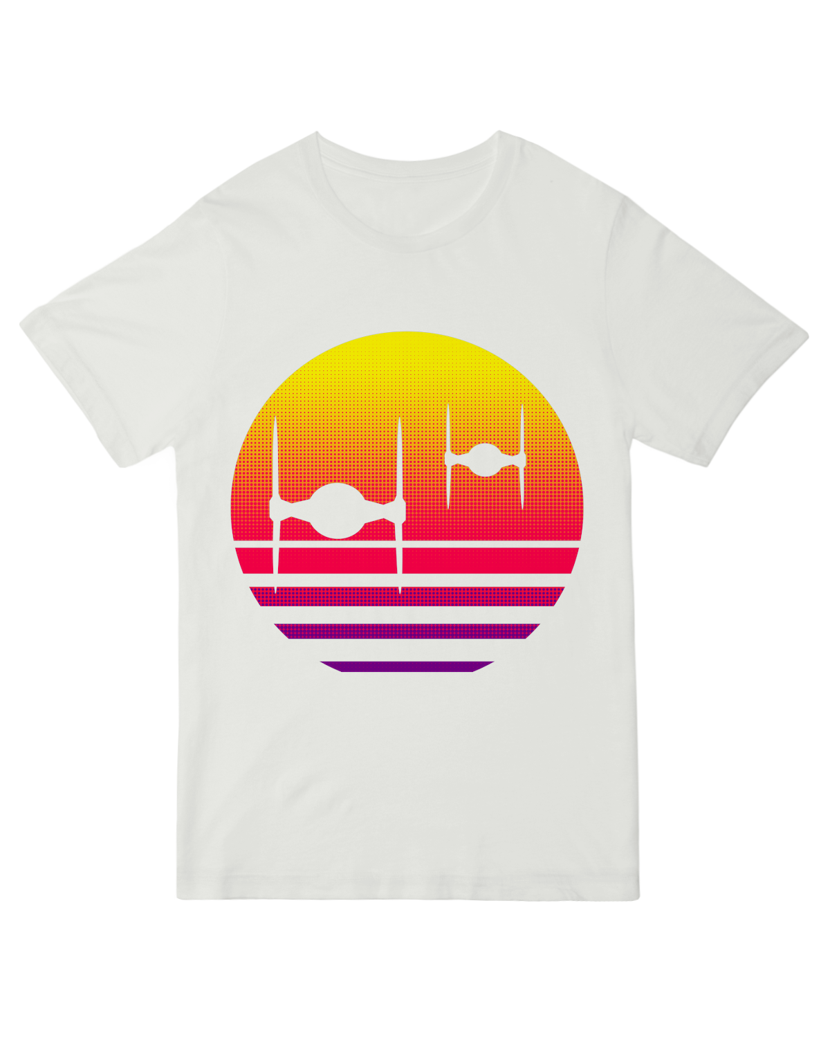 Vintage-style TIE Fighter sunset t-shirt with orange/purple gradient, styled with pilot sunglasses and Star Wars prop"