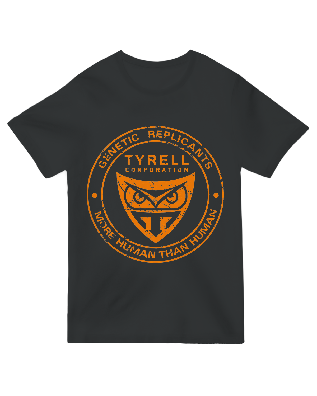 "Vintage-style Tyrell Corporation t-shirt with 'More Human Than Human' Blade Runner quote in distressed neon-noir design"