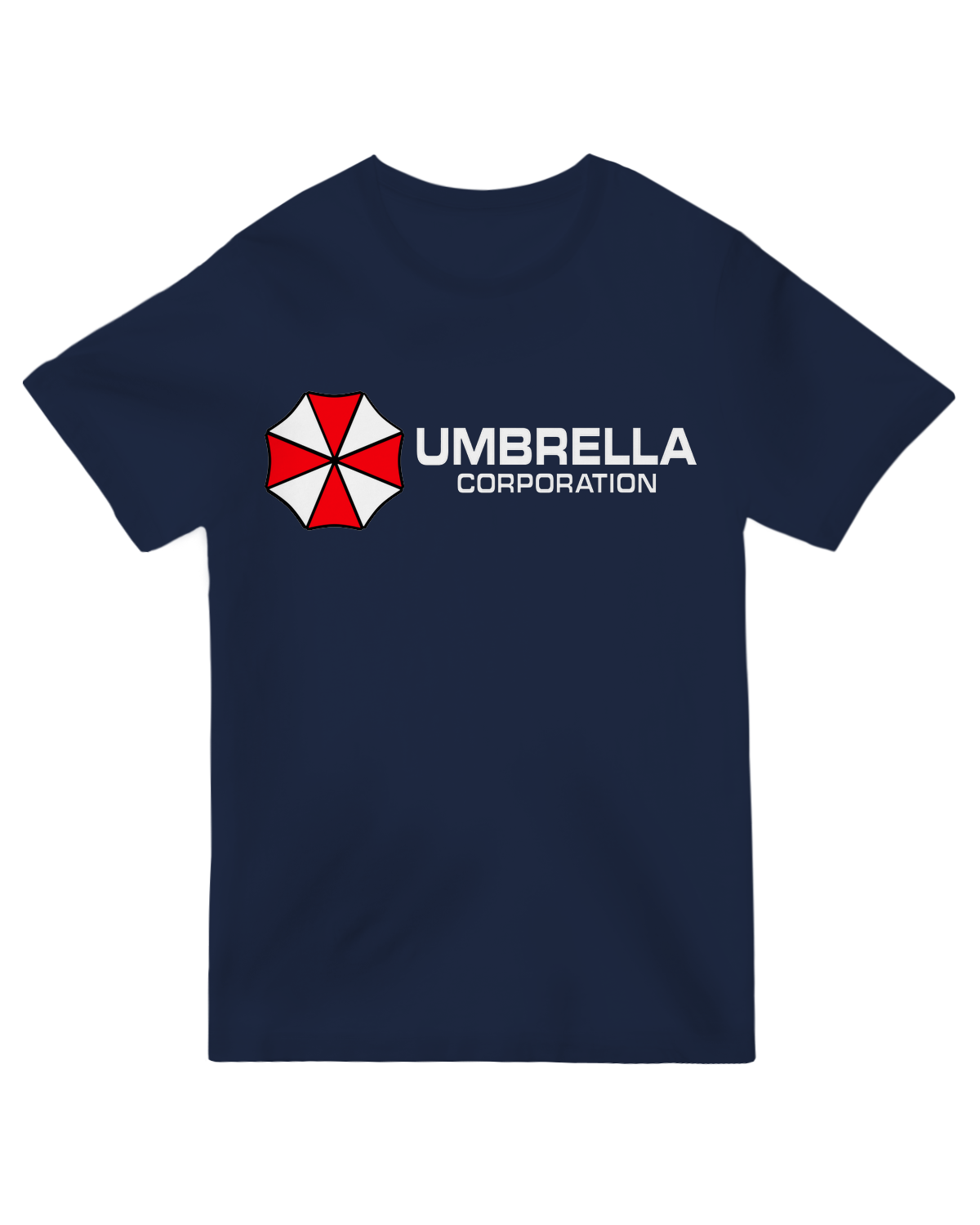 "Black Umbrella Corporation t-shirt with red/white viral logo, styled with tactical gloves and survival gear"
