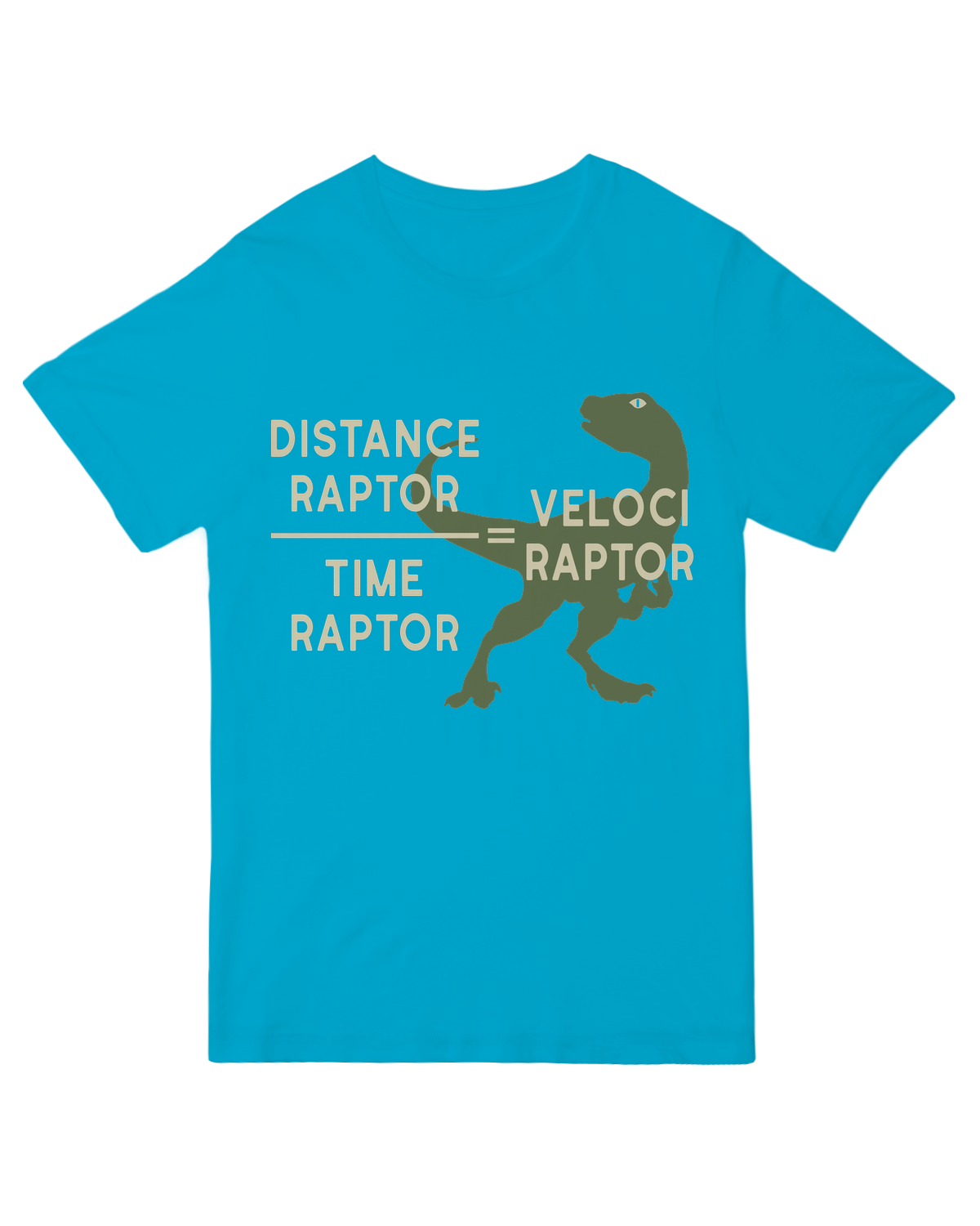 "Green dinosaur physics t-shirt with velociraptor kinematic equations - humorous science tee for STEM teachers & Jurassic Park fans"