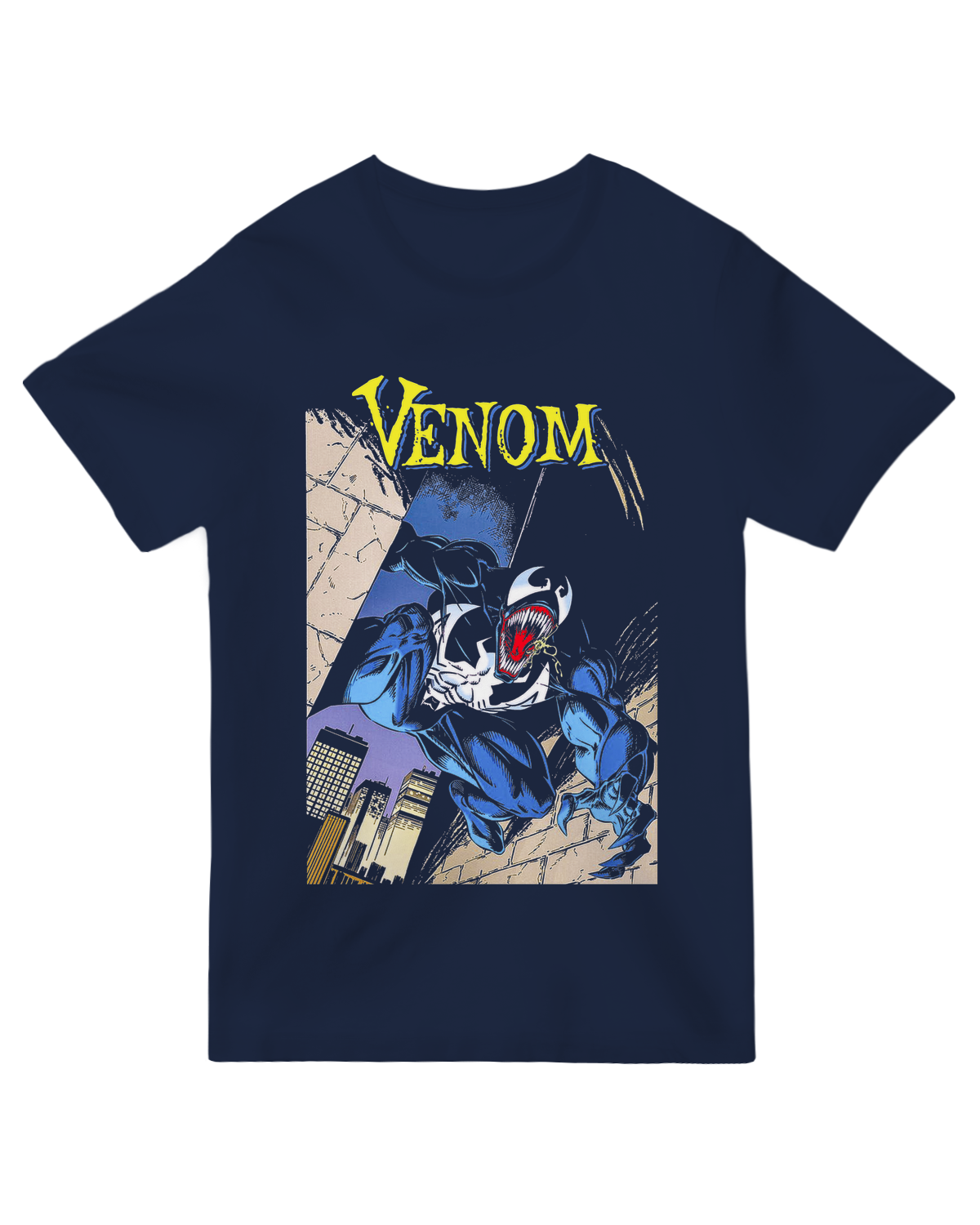 "Black Venom Marvel comic graphic t-shirt with white symbiote design"