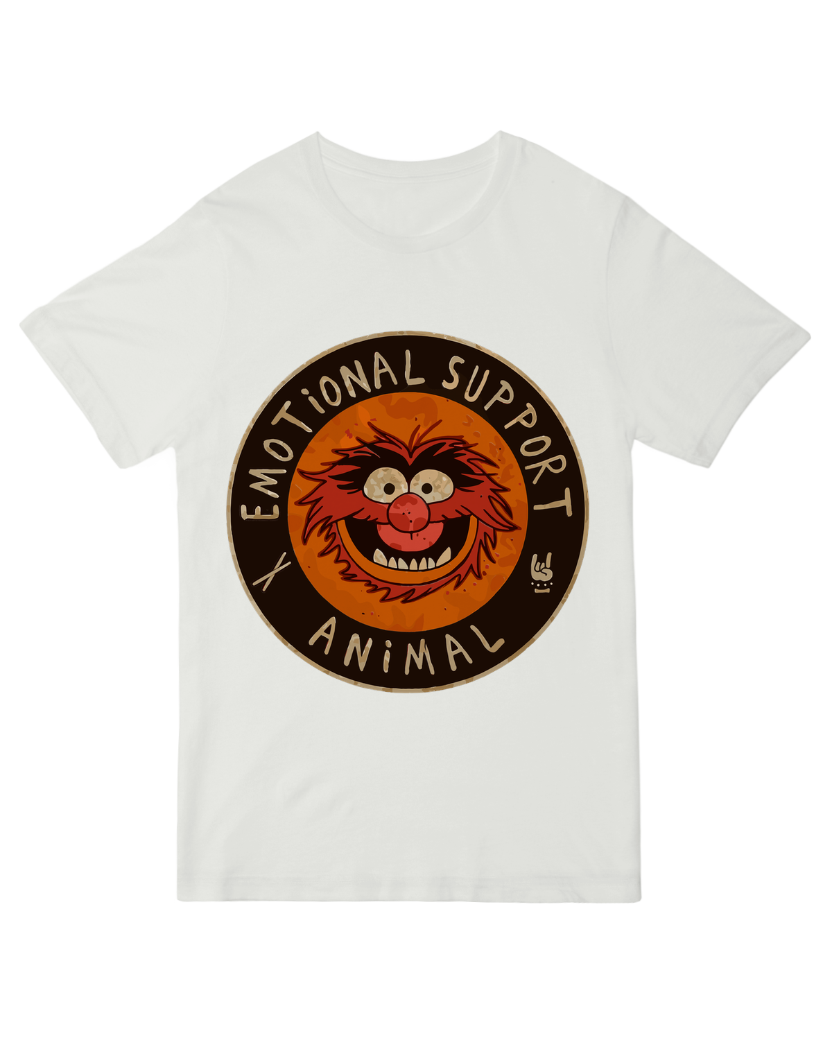 "Retro 1970s Muppets graphic t-shirt featuring Kermit and friends with 'Emotional Support Animal' text in vintage style"