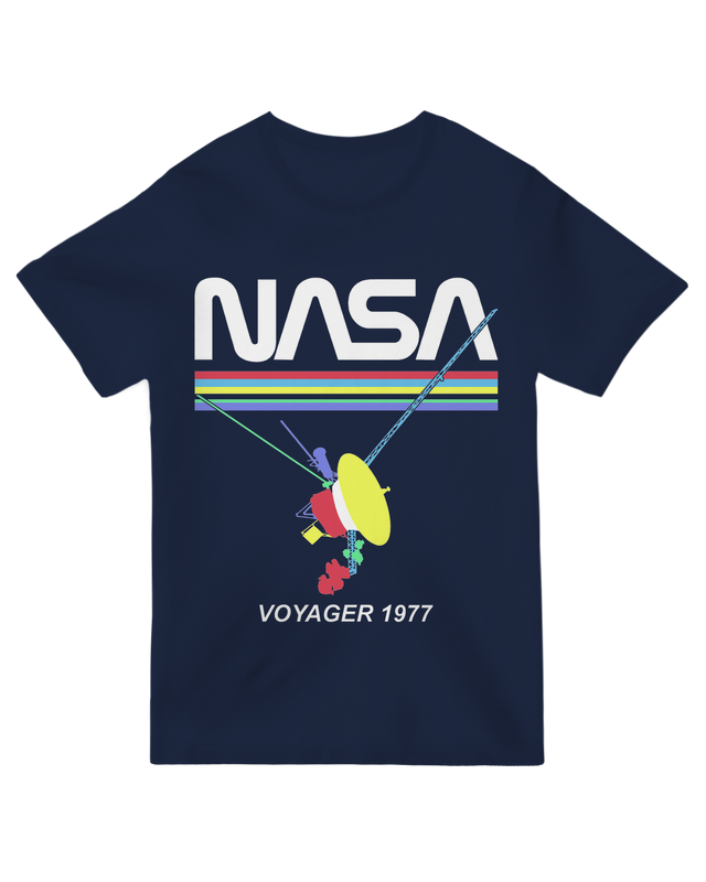 "Heather blue retro NASA Voyager spacecraft t-shirt - vintage cotton astronomy tee for space exploration fans"