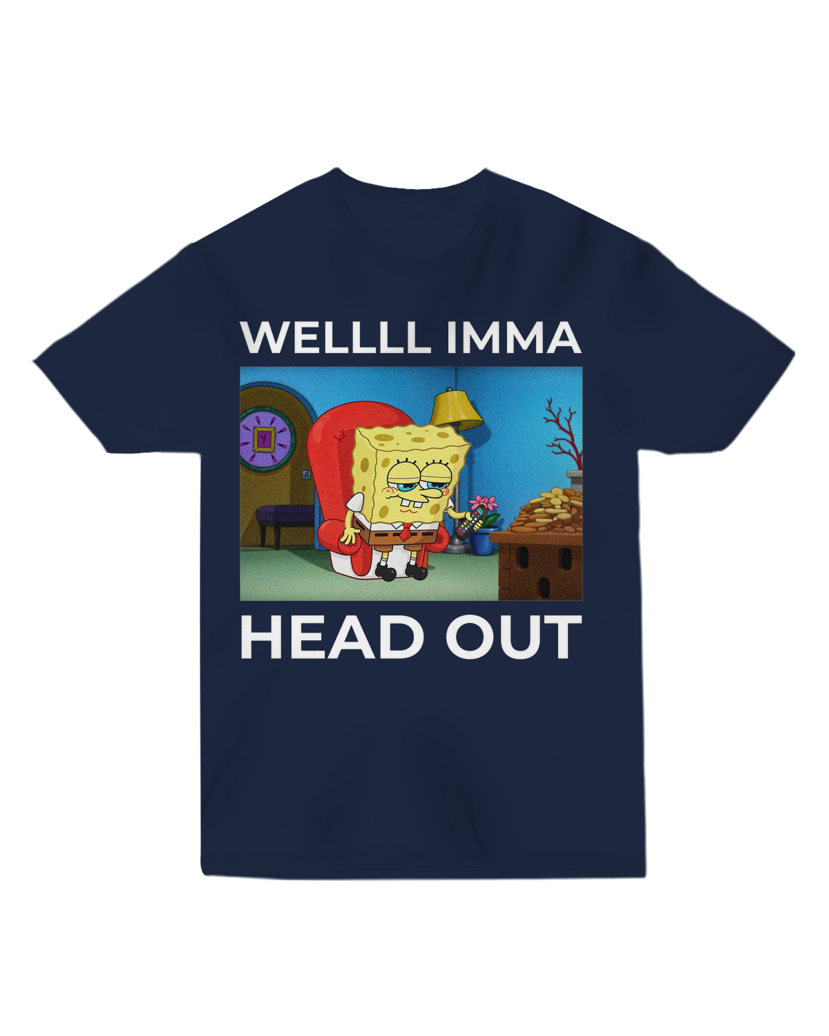 "Yellow ‘Well I’mma Head Out’ t-shirt with SpongeBob walking away graphic, styled with socks+sandals for meme authenticity"
