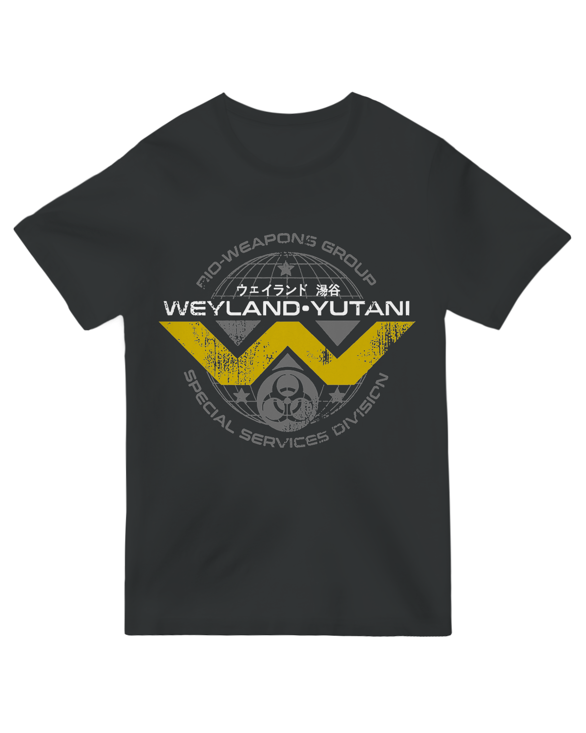 "Weyland-Yutani Corporation black t-shirt with white logo from Alien movie franchise, styled with futuristic tech props"