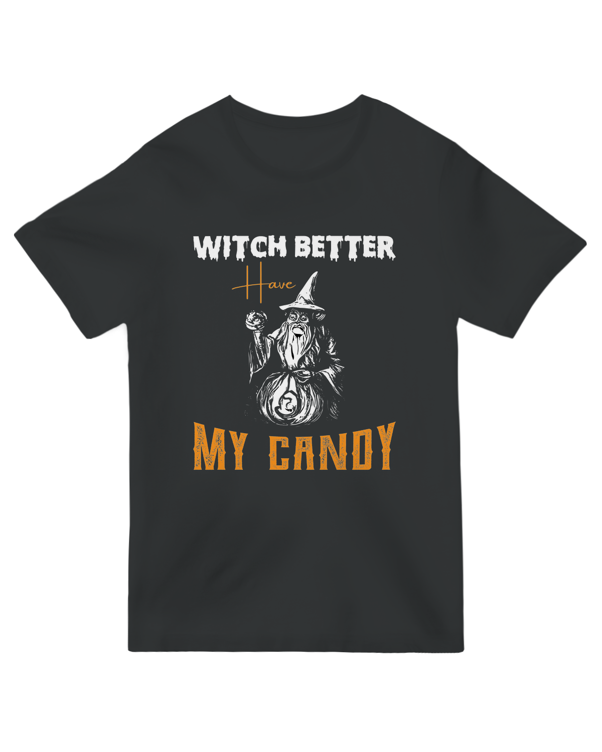 "Witch Better Have My Candy" purple graphic tee with glow-in-the-dark witch hat – humorous Halloween apparel