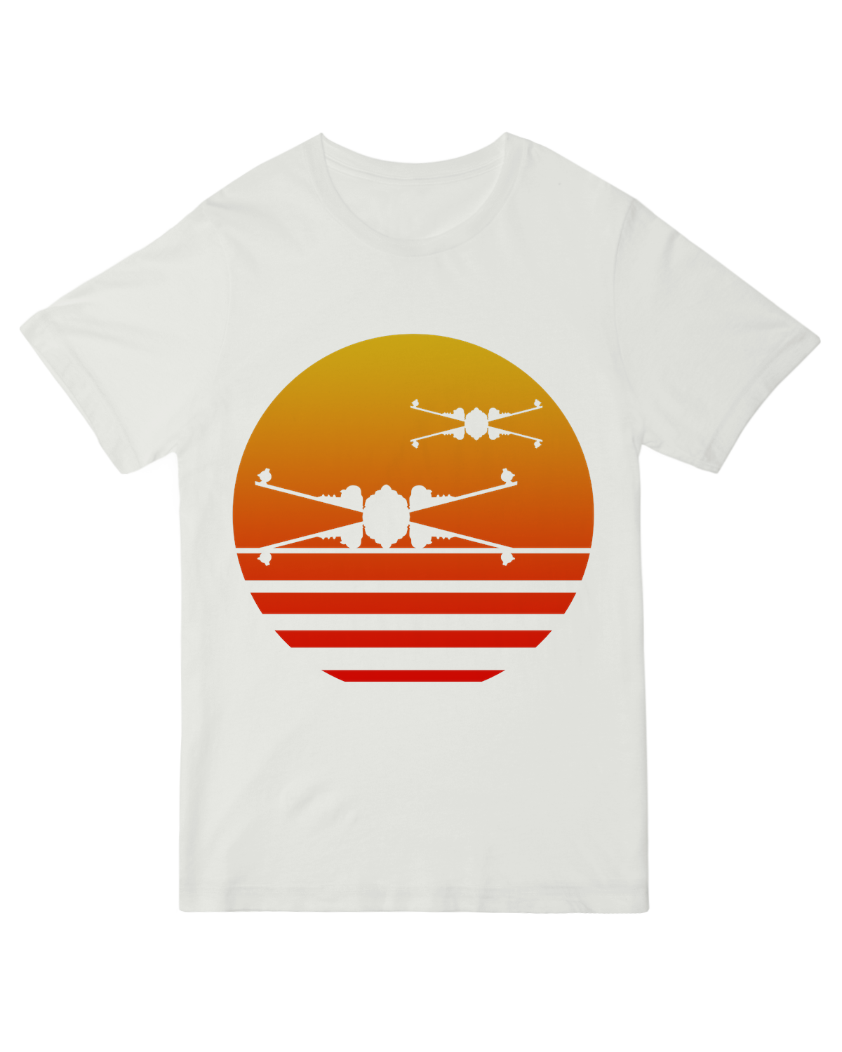 "Black sci-fi t-shirt with X-Wing starfighter sunset silhouette - subtle space fandom cotton tee for pilots & rebels"