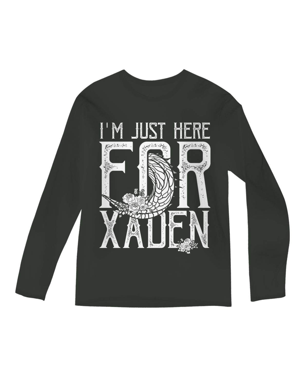 "Smiling woman wearing 'I’m Just Here for Xaden' long sleeve tee holding open Fourth Wing book - Shop Now"