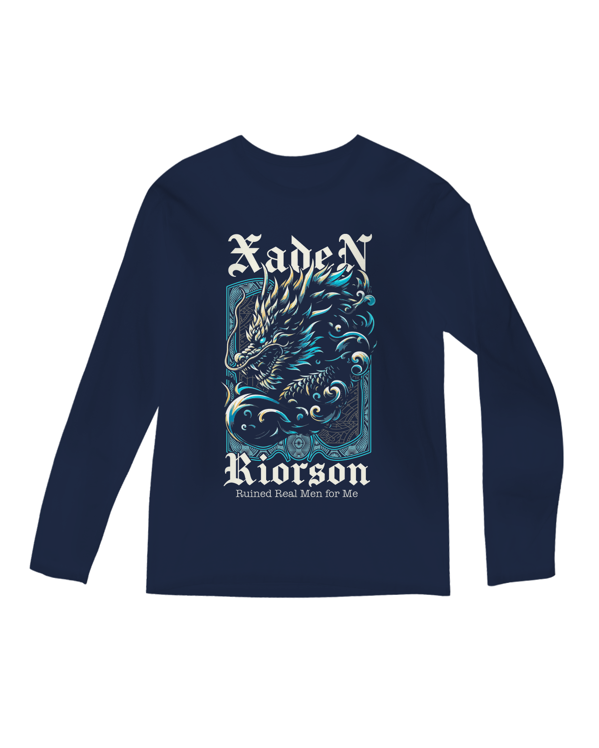 "Black long sleeve tee with 'Xaden Riorson Ruined Real Men for Me' text, modeled by a book lover"