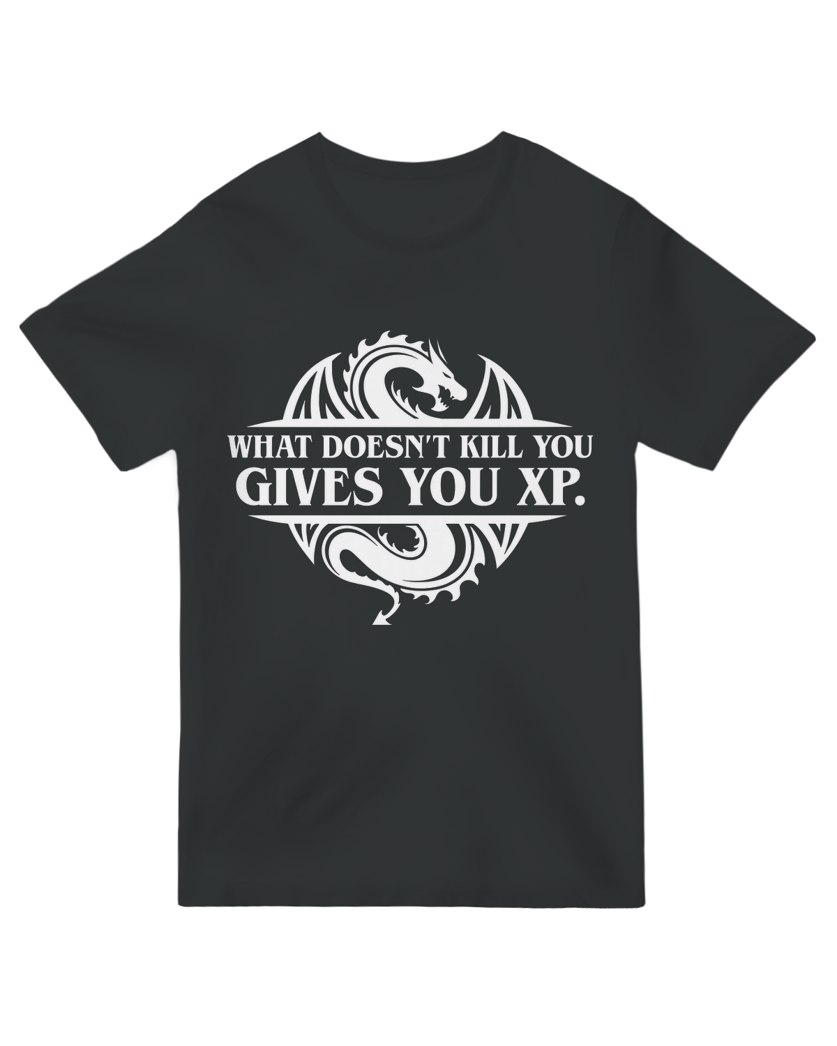 "Black gamer t-shirt with 'What Doesn’t Kill You Gives You XP' in retro pixel font, RPG motivational apparel"